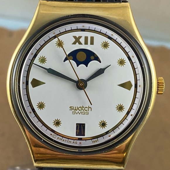 Rare NEW Swatch Watch Moon Phase Gold Tone Navy